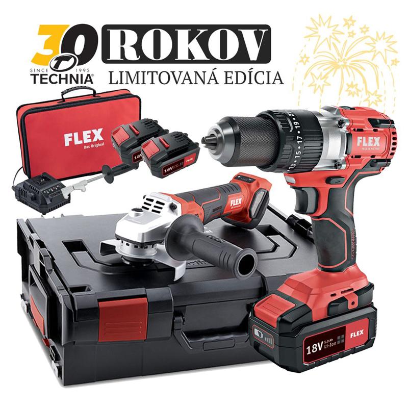 Limitovaná edícia FLEX skrutkovač, uhlová brúska a akumulatorový set