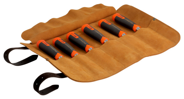 6 pcs ERGO Splitproof chisel set in leather roll pouch. 434-S6-LR