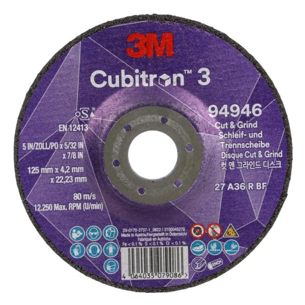3M Cubitron 3 rezný a brúsny kotúč, 94946, 36+, T27, 125 mm x 4.2 mm x 22.23 mm, EN, 10/Pack, 20 ea/Case