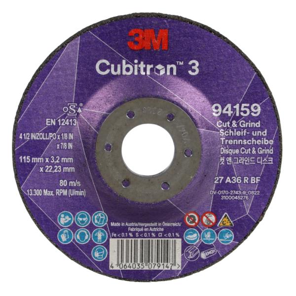 3M Cubitron 3 rezný a brúsny kotúč, 94159, 36+, T27, 115 mm x 3.2 mm x 22.23 mm, EN, 10/Pack, 20 ea/Case