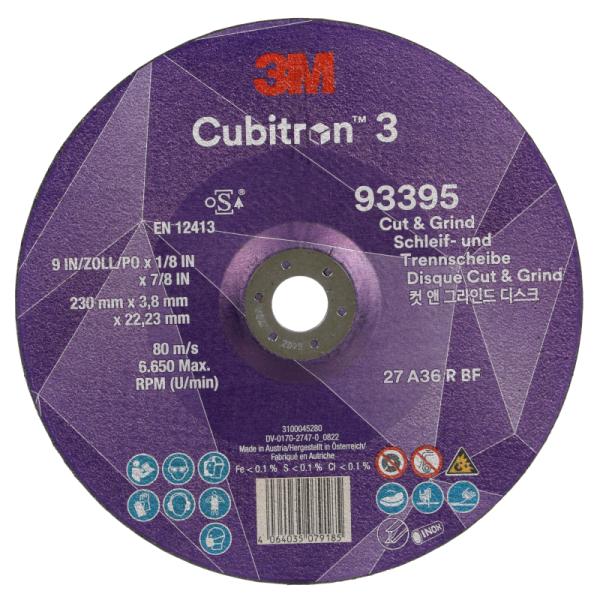 3M Cubitron 3 rezný a brúsny kotúč, 93395, 36+, T27, 230 mm x 3.8 mm x 22.23 mm, EN, 10/Pack, 20 ea/Case