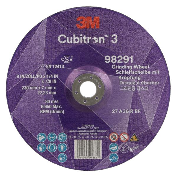 3M Cubitron 3brúsny kotúč s vypuklým stredom, 98291, 36+, T27, 230 mm x 7 mm x 22.23 mm, EN, 10/Pack, 20 ea/Case