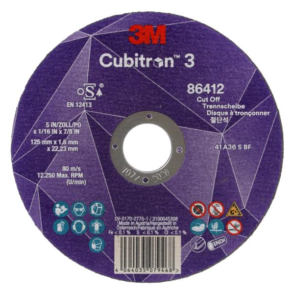 3M Cubitron 3 rezný kotúč, 86412, 36+, T41, 125 mm x 1.6 mm x 22.23 mm, EN, 25/Pack, 50 ea/Case