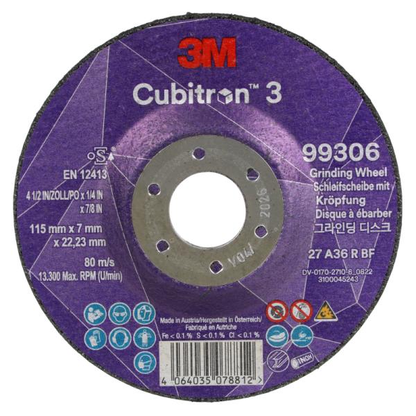 3M Cubitron 3brúsny kotúč s vypuklým stredom, 99306, 36+, T27, 115 mm x 7 mm x 22.23 mm, EN, 10/Pack, 20 ea/Case