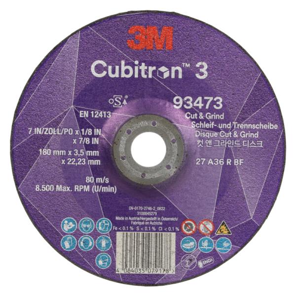 3M Cubitron 3 rezný a brúsny kotúč, 93473, 36+, T27, 180 mm x 3.5 mm x 22.23 mm, EN, 10/Pack, 20 ea/Case