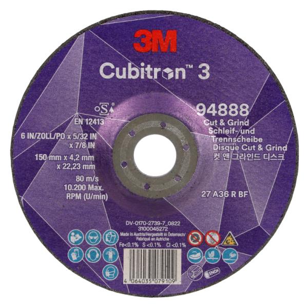3M Cubitron 3 rezný a brúsny kotúč, 94888, 36+, T27, 150 mm x 4.2 mm x 22.23 mm, EN, 10/Pack, 20 ea/Case