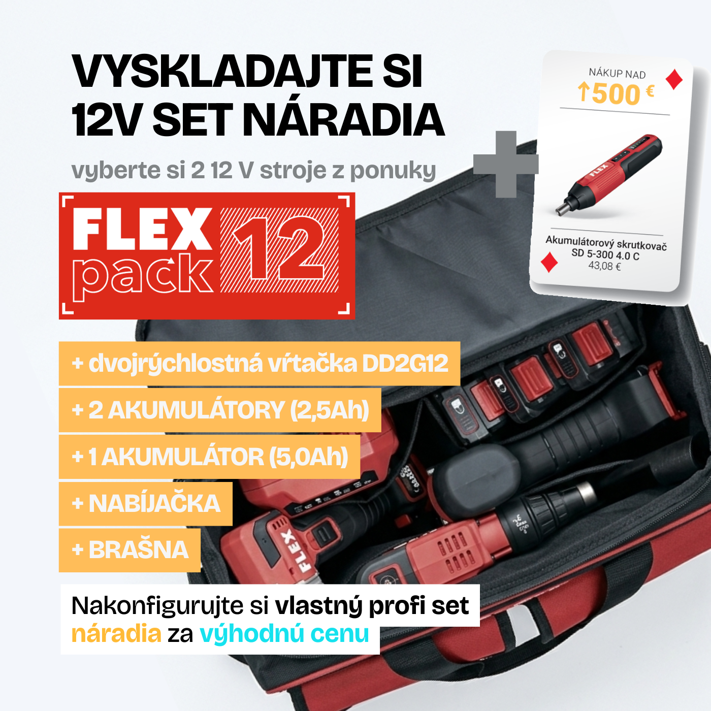 FLEX PACK 12 = 3 stroje + 3 akumulátory + nabijačka + taška